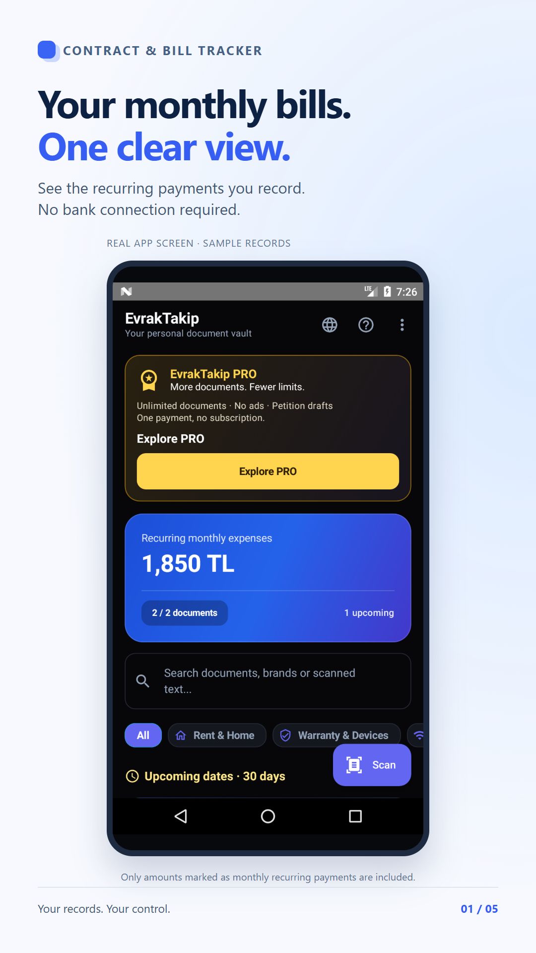 Real English app screen with sample monthly expenses