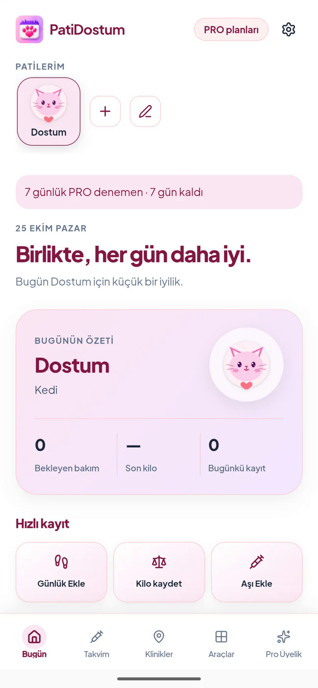 PatiDostum Android Today screen with a sample cat profile and care summary